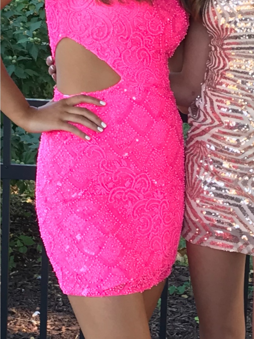 Neon Pink Beaded Cutout Mini Dress